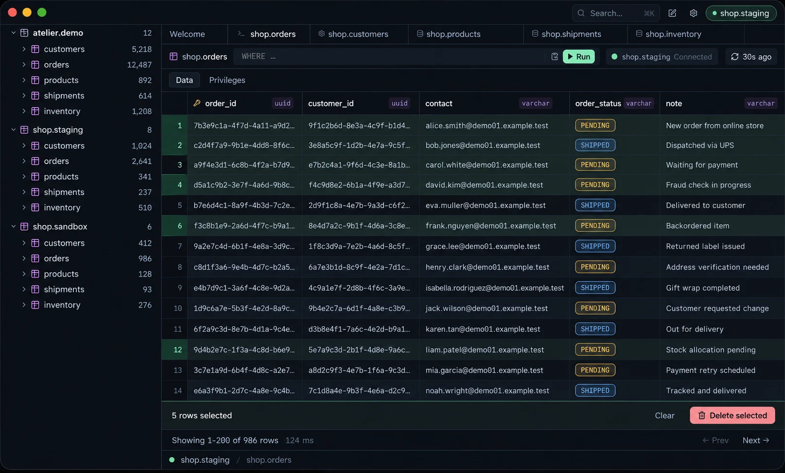 Esploro table browser with five selected fictional order rows