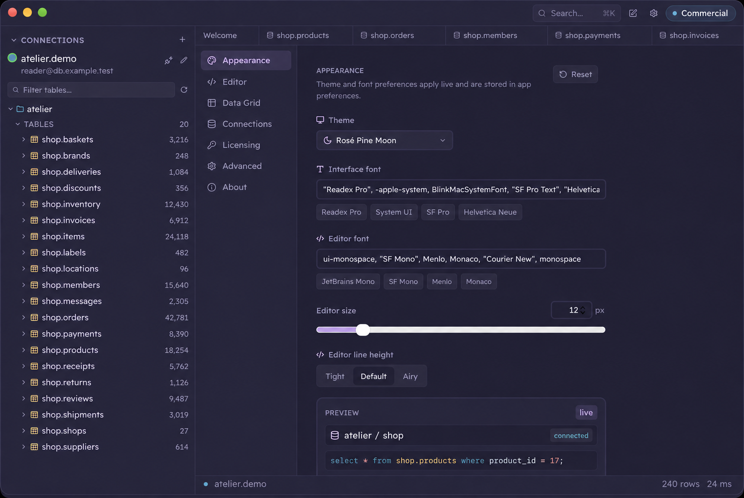 Appearance settings include the theme, interface font, editor font, and editor line height.