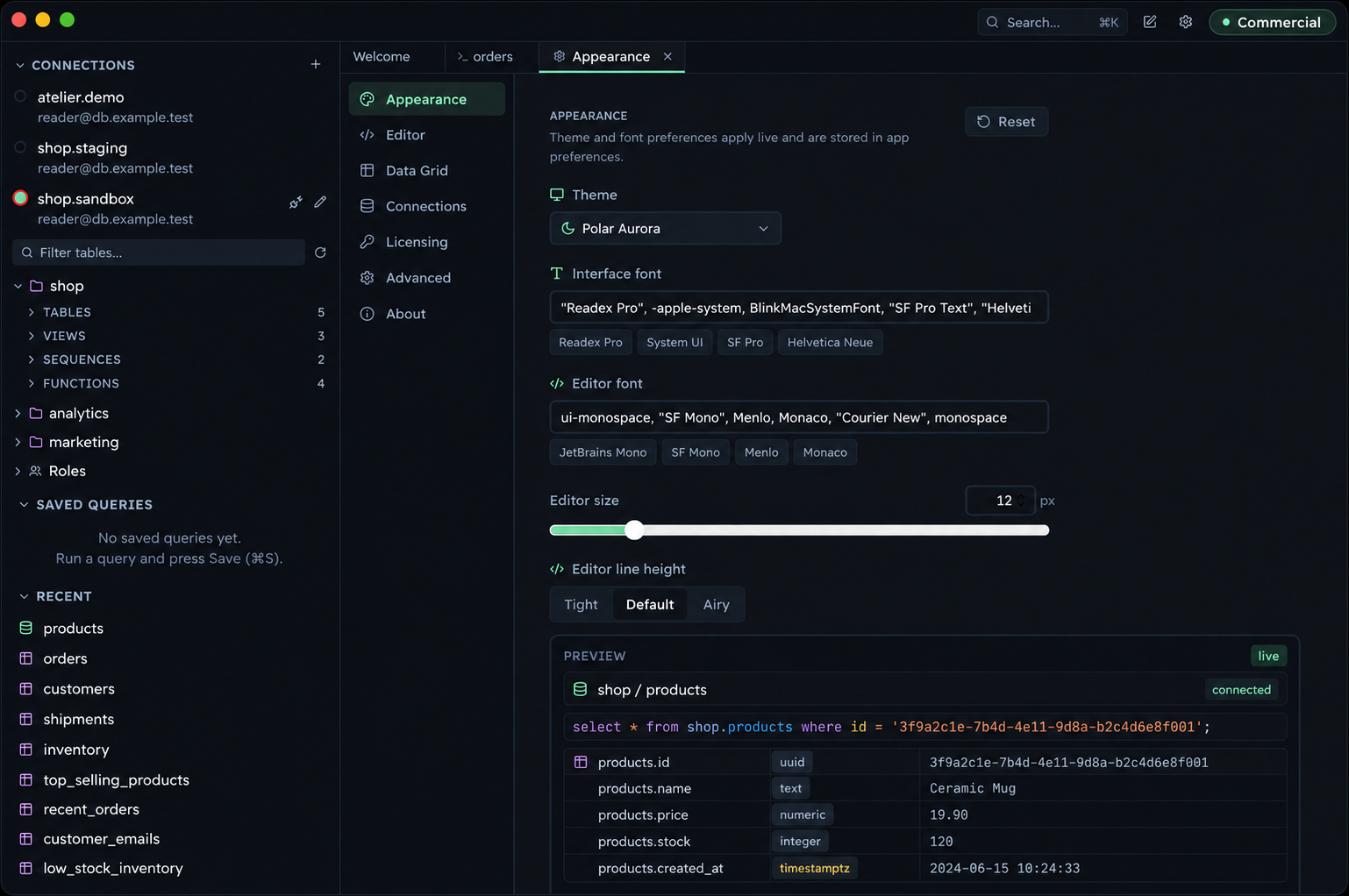 Appearance settings include the theme, interface font, editor font, and editor line height.