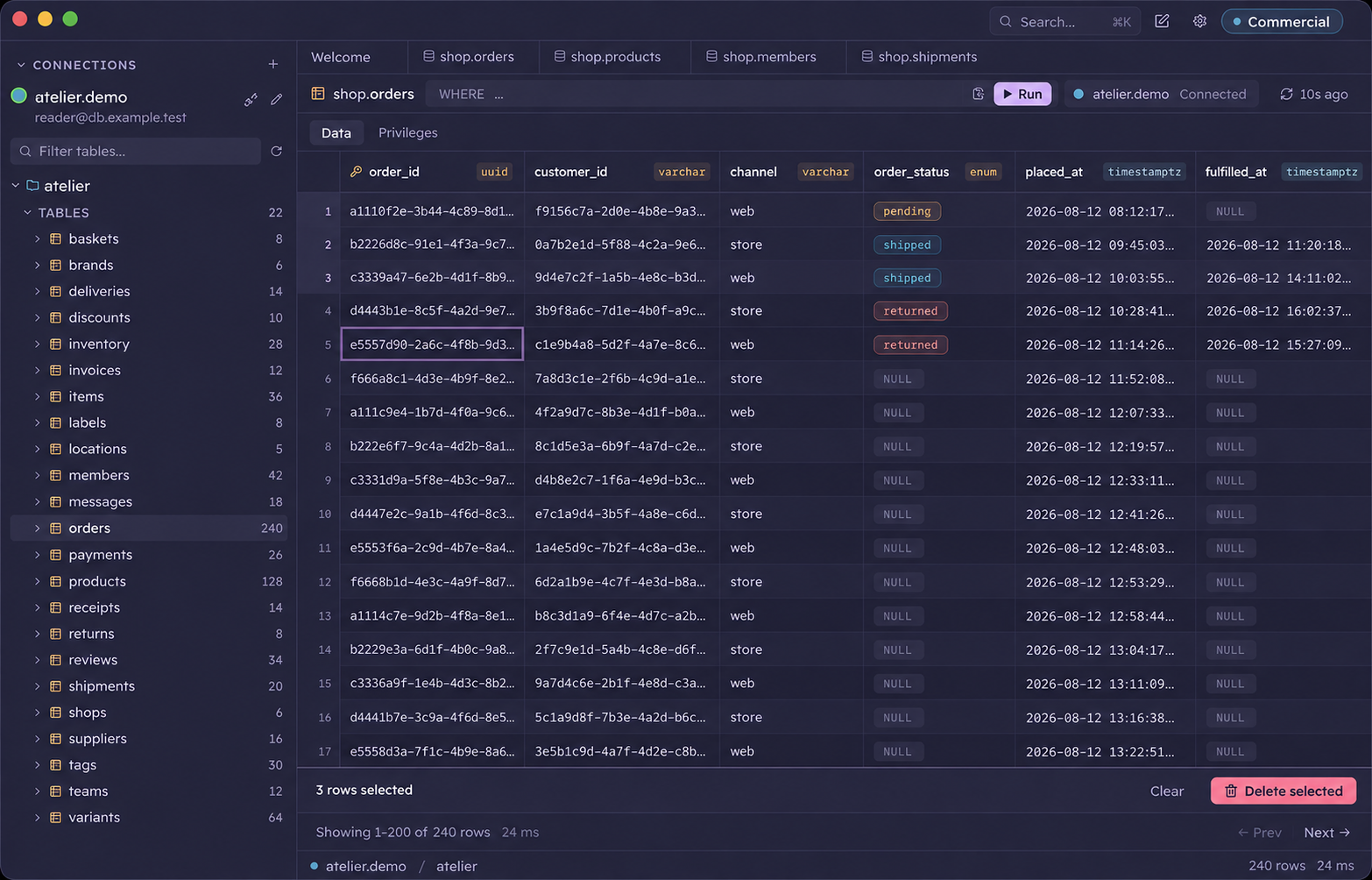 Esploro shows a shop database, table tabs, column types, and selected order rows.