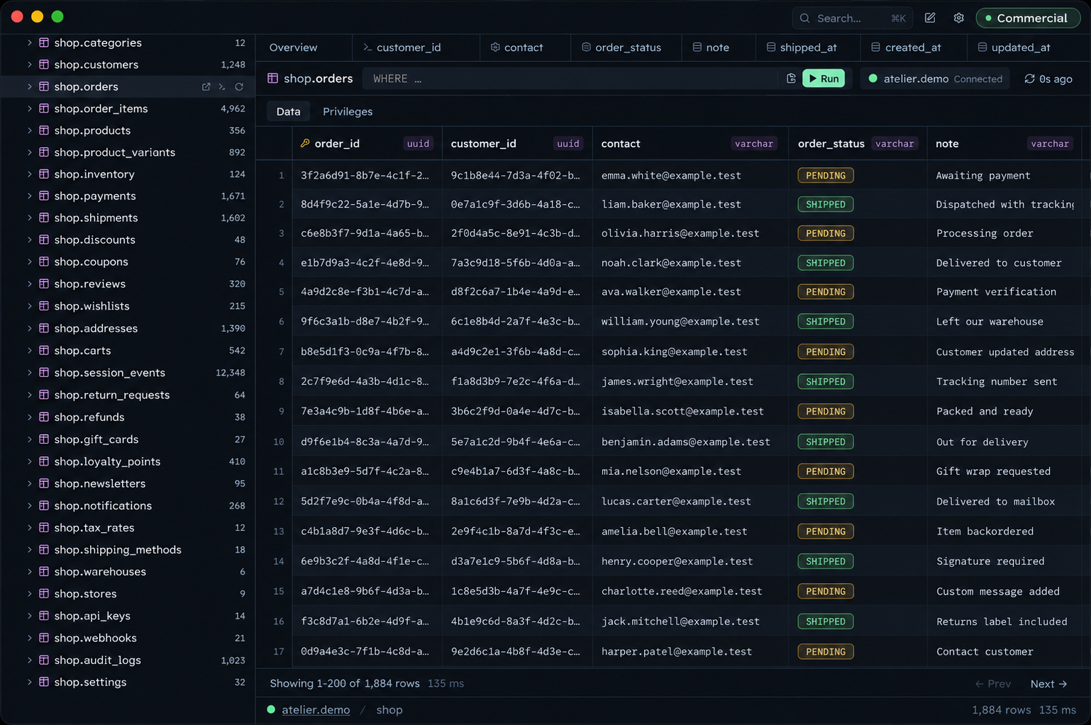 Esploro shows a shop database, table tabs, column types, and selected order rows.