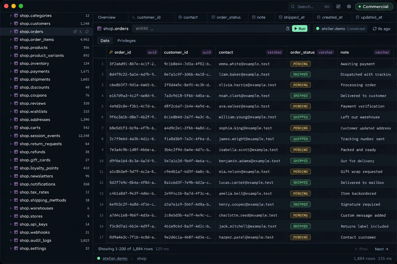 Esploro table browser with fictional shop data