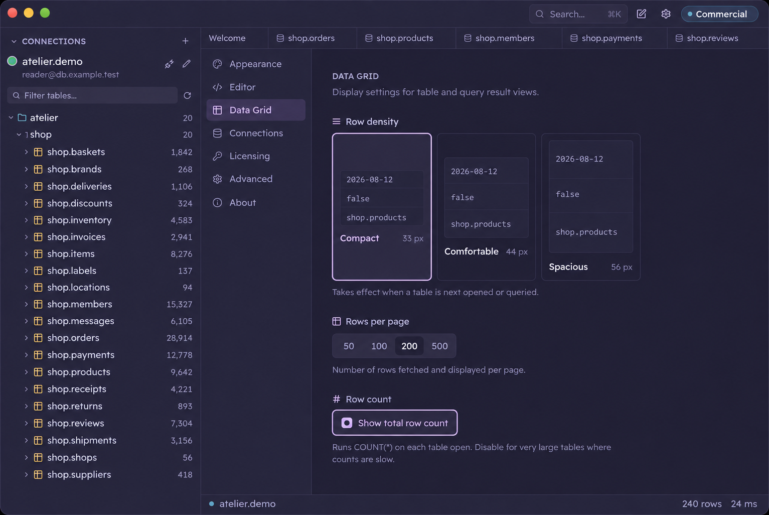 Data grid settings offer compact, comfortable, and spacious rows, plus a rows-per-page setting.