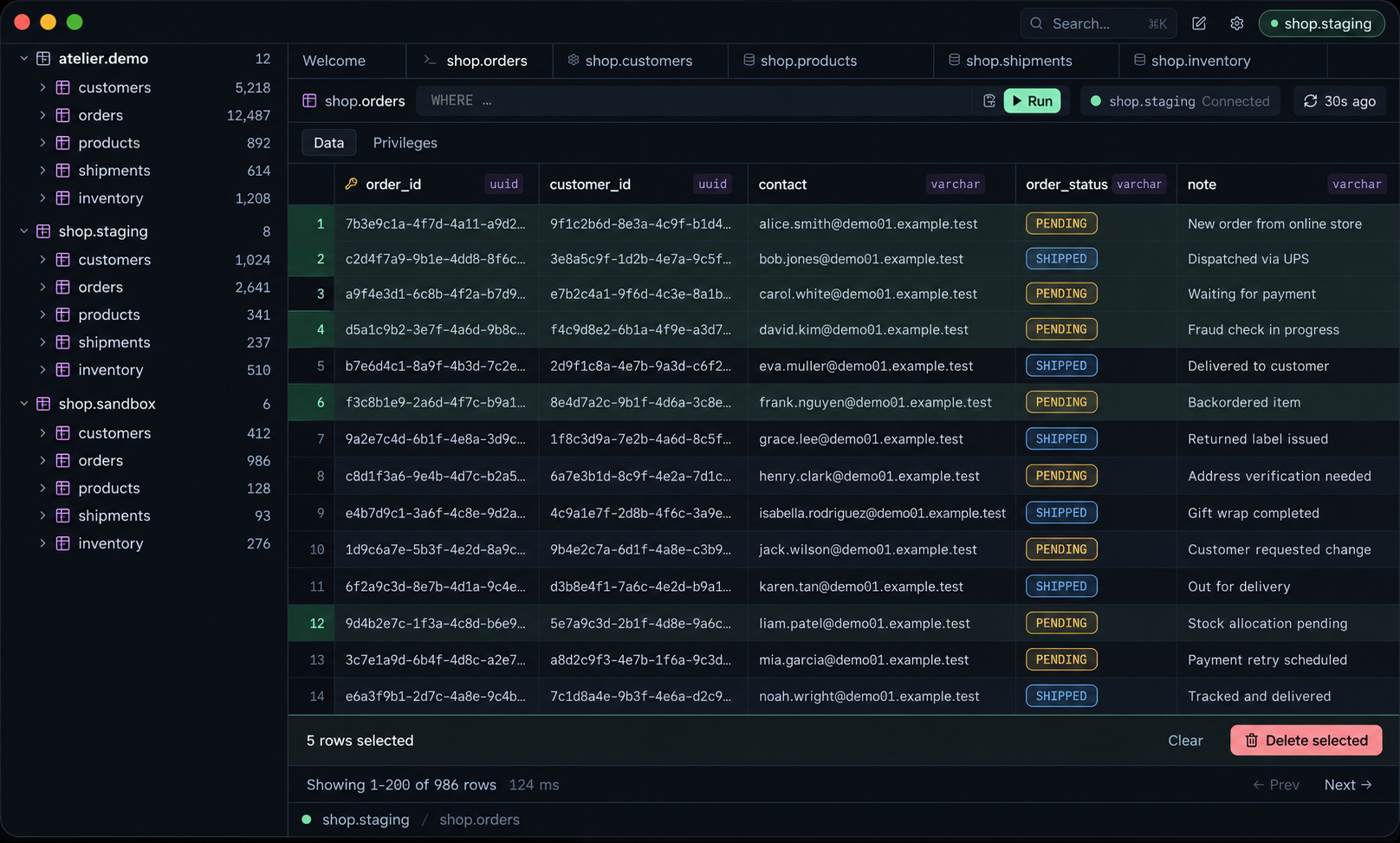 Esploro shows five selected order rows and the bulk delete action.