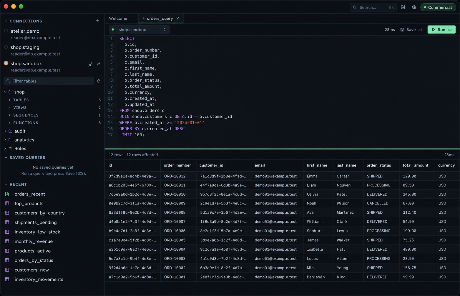 The SQL editor shows a fictional shop query with its results below.