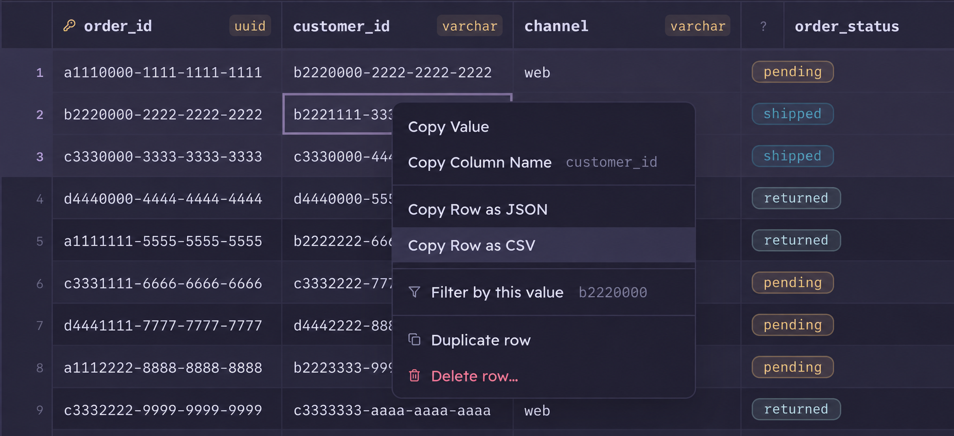 The row menu offers copy as JSON, copy as CSV, filter by value, and duplicate row.