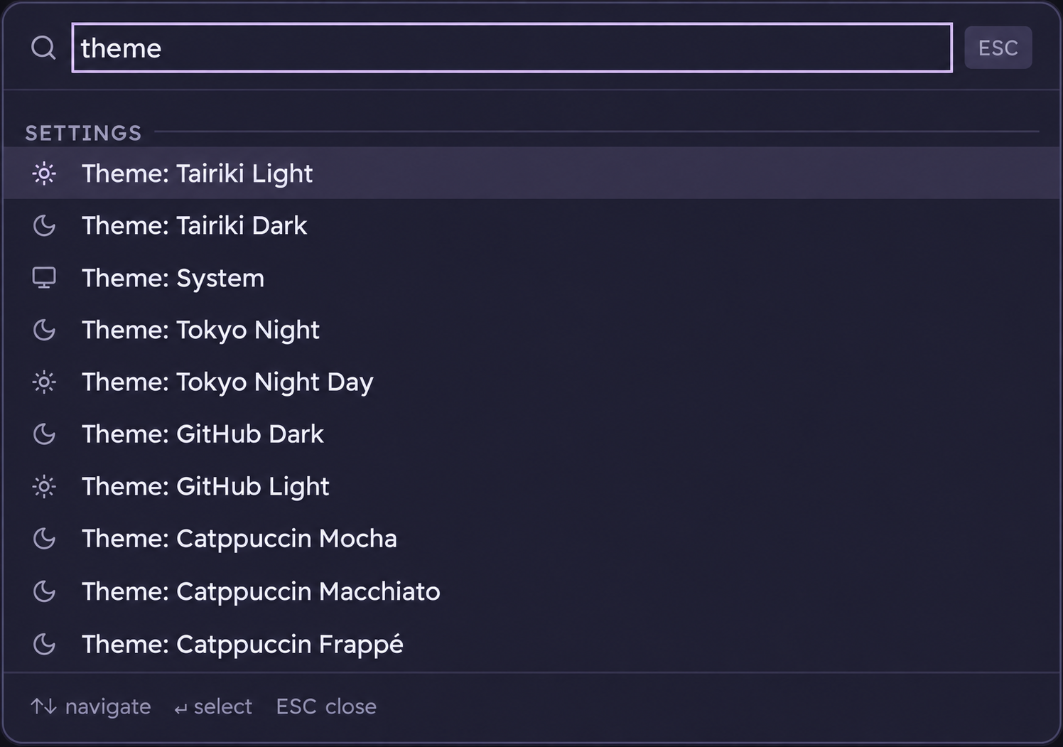 The command menu lists Tairiki, Tokyo Night, GitHub, and Catppuccin themes.