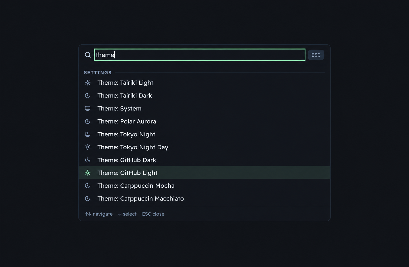The command menu lists Polar Aurora, Tairiki, Tokyo Night, GitHub, and Catppuccin themes.