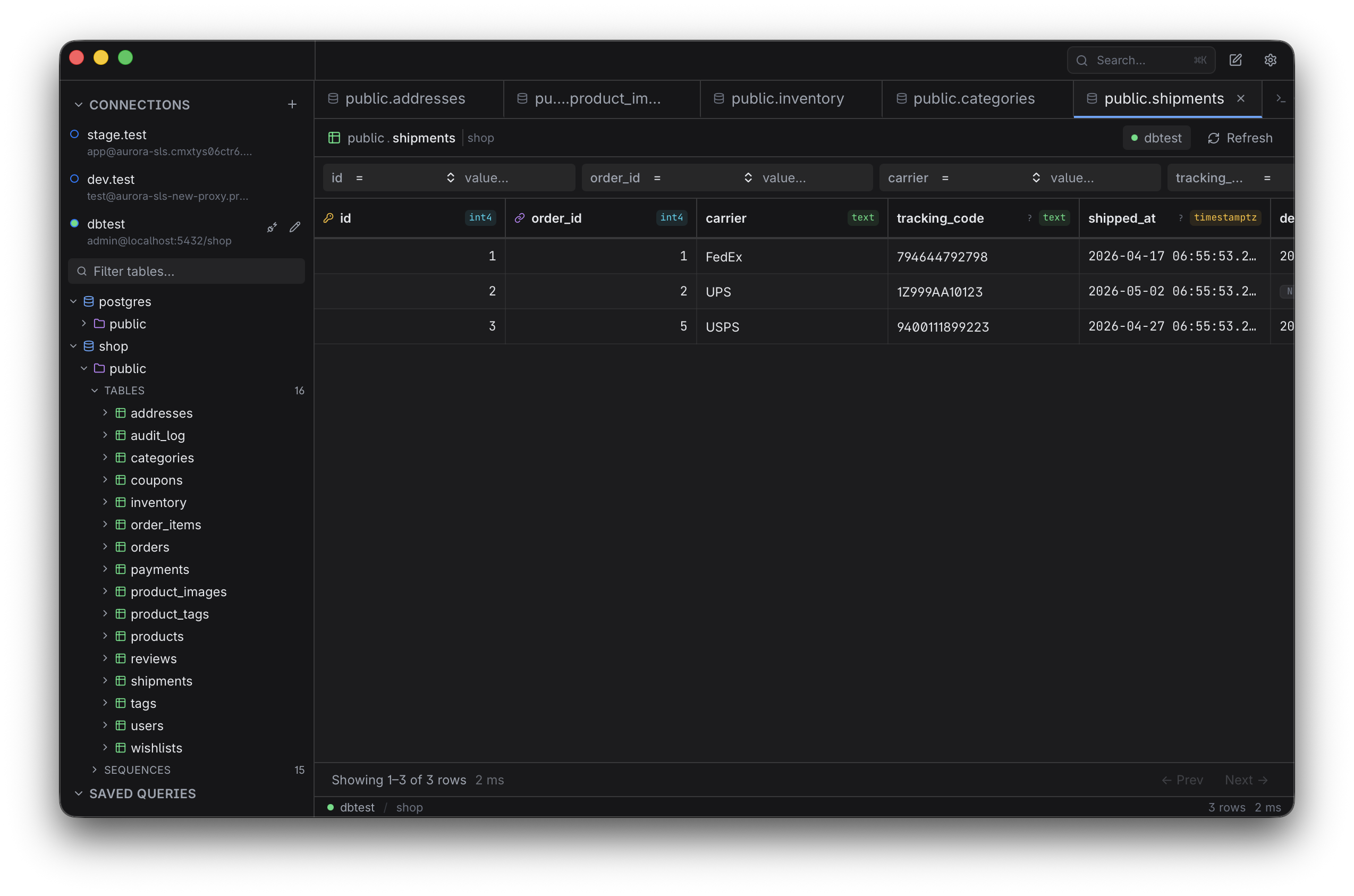 Esploro on Mac: SQL editor, results grid, and schema browser in one focused layout